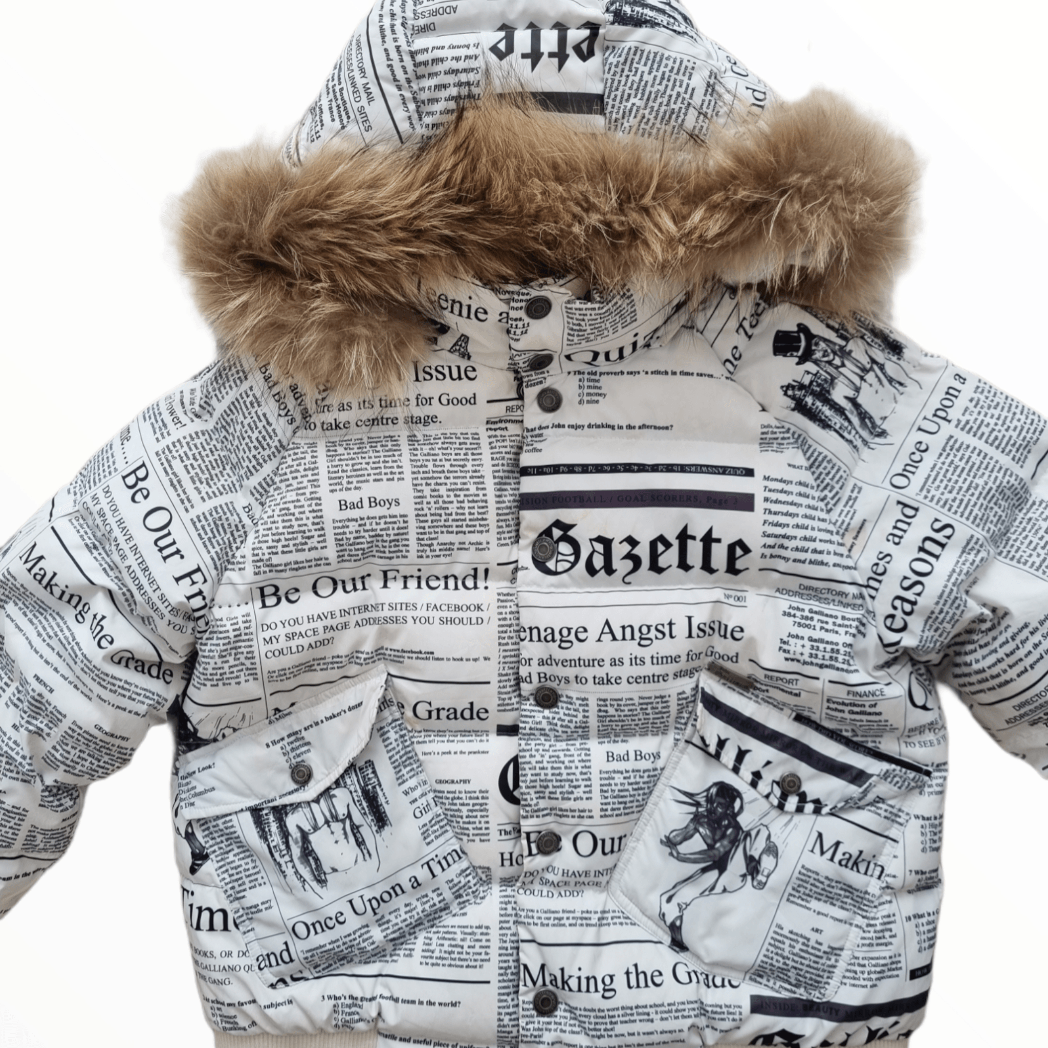 Galliano newspaper print puffer jacket with fur hood – My Runway 
