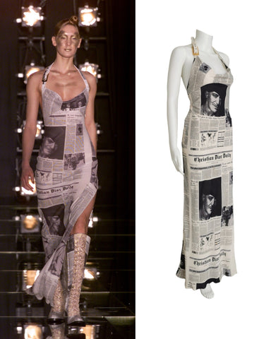 Dior newspaper print runway gown, FW 2000